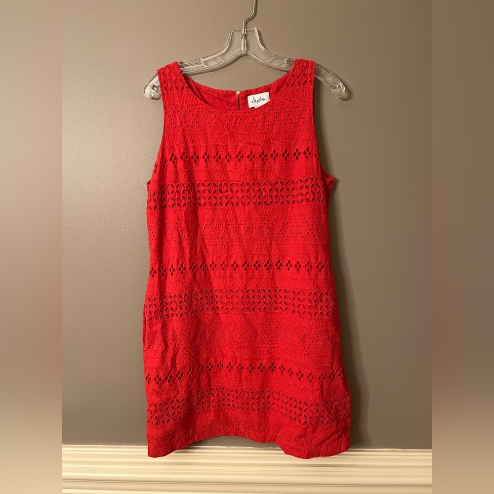 Heyton Red Sleeveless Eyelet Dress with Pockets EUC